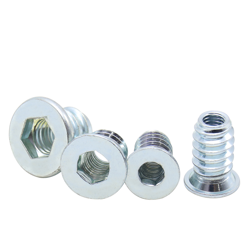 Carbon steel hexagonal sleeve nuts, embedded nuts for children's beds, furniture hardware accessories, embedded nuts for wooden furniture, large base flange hexagonal sleeve nuts