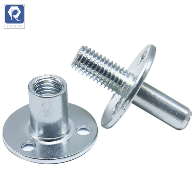 Three-hole T-nut Carbon steel round bottom screw-in butt nut, used for furniture hardware accessories, sofa post, bedpost lock connection T-nut, furniture hardware flange internal thread into the nut