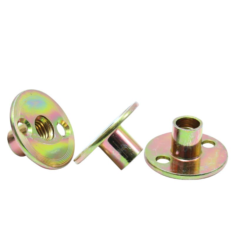Three-way nut, galvanized carbon steel, wooden furniture, 2-hole round bottom screw-in T-shaped nut, furniture hardware flange internal thread insertion nut