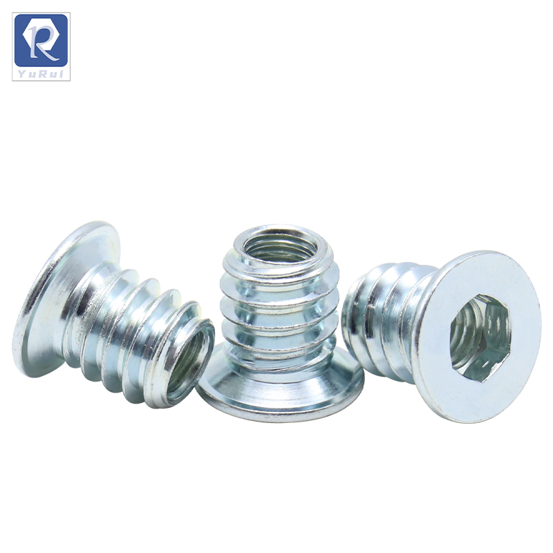 Carbon steel hexagonal sleeve nuts, embedded nuts for children's beds, furniture hardware accessories, embedded nuts for wooden furniture, large base flange hexagonal sleeve nuts