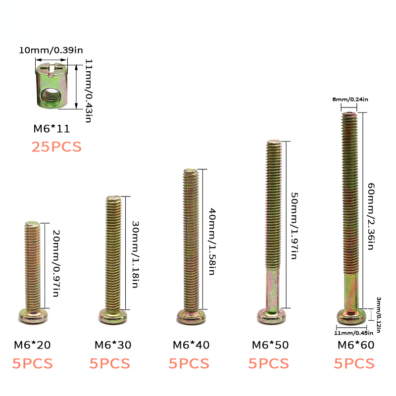 25 sets of m6-1.0 × 20mm/30mm/40mm/ 50mm/ 60mm screw and nut kits, barrel nuts + hex socket screws