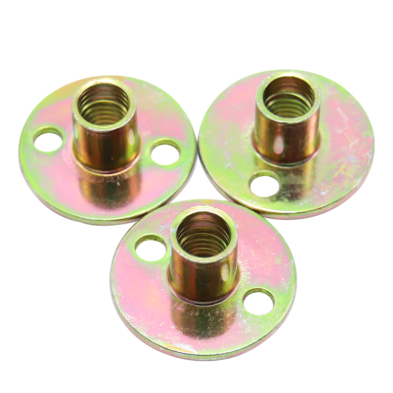 Three-way nut, galvanized carbon steel, wooden furniture, 2-hole round bottom screw-in T-shaped nut, furniture hardware flange internal thread insertion nut