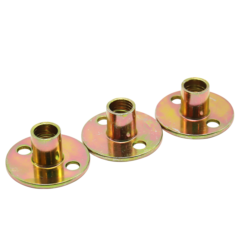 Three-way nut, galvanized carbon steel, wooden furniture, 2-hole round bottom screw-in T-shaped nut, furniture hardware flange internal thread insertion nut