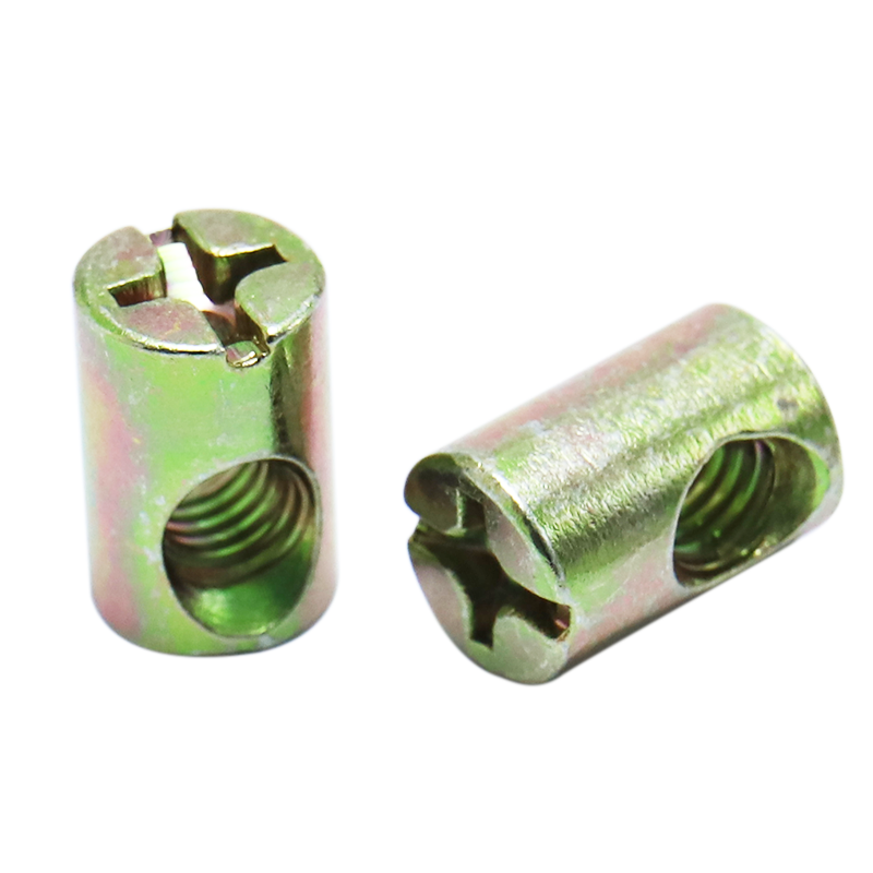 Barrel cross pin slotted furniture nuts for beds, cribs and chairs, barrel nuts, cross pin slotted nuts