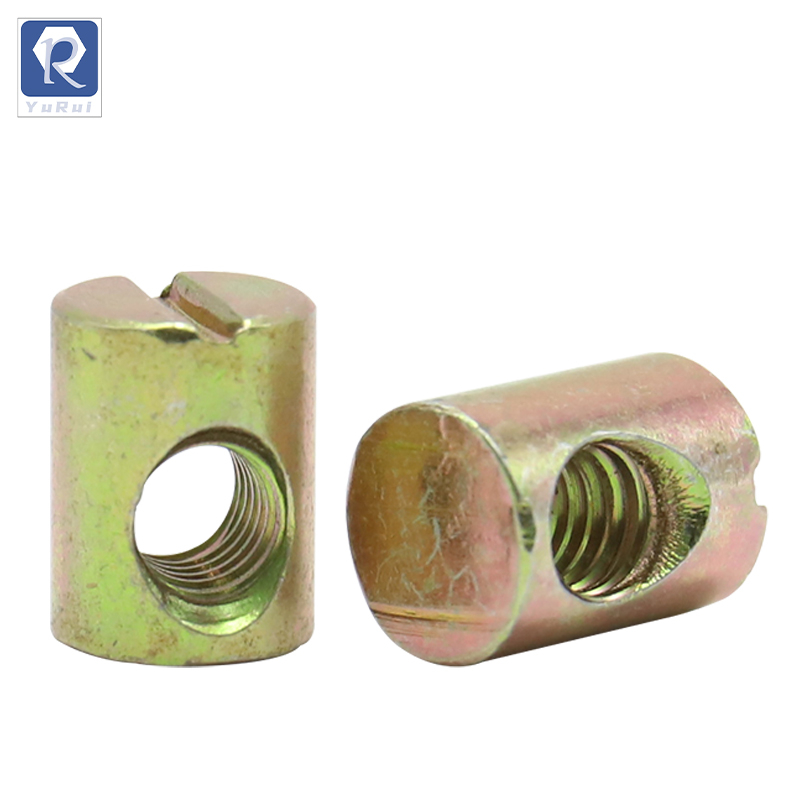 Barrel cross pin slotted furniture nuts for beds, cribs and chairs, barrel nuts, cross pin slotted nuts